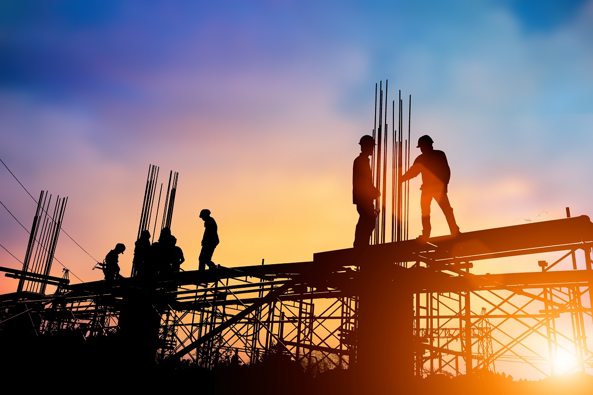 A construction site at sunset